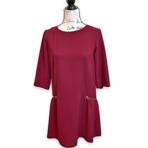 promod Burgundy Drop Waist Mini Dress with Faux Pockets and 3/4 Sleeves EU 38